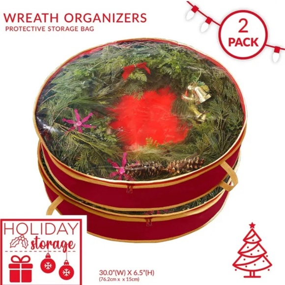Simplify Holiday/ Christmas Set of Two 30 Inch Wreath Storage Totes- Red & Gold - Picture 2 of 14